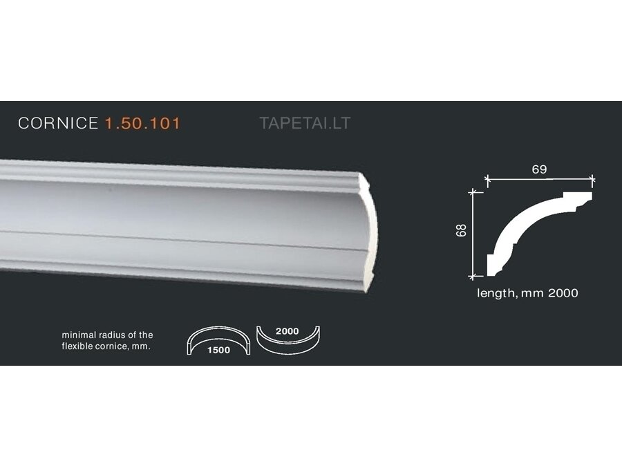 Poliuretaniniai lubų apvadai 1.50.101 , ilgis 2m