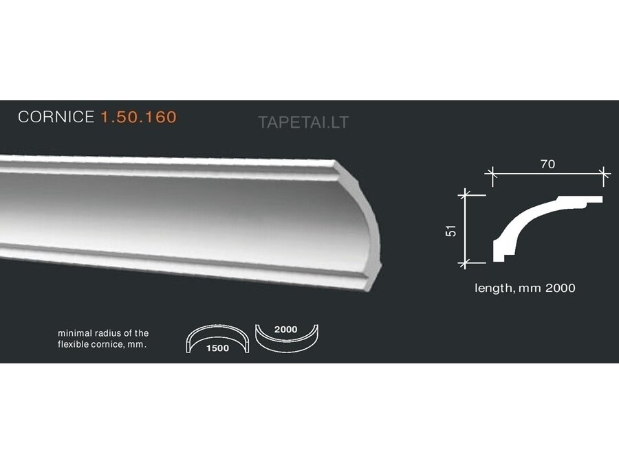 Poliuretaniniai lubų apvadai 1.50.160 , ilgis 2m