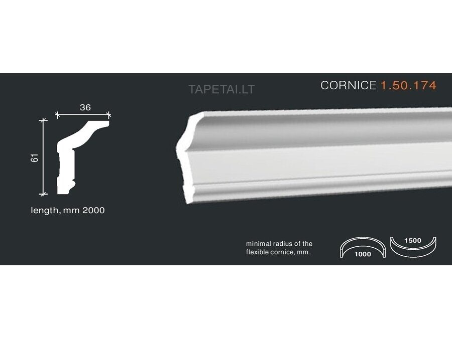 Poliuretaniniai lubų apvadai 1.50.174 , ilgis 2m