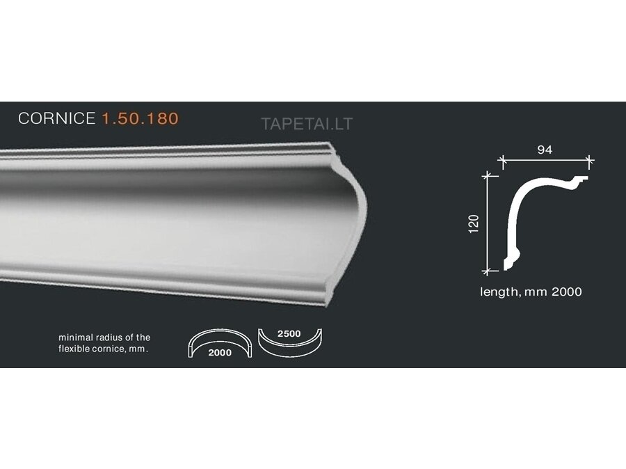 Poliuretaniniai lubų apvadai 1.50.180 , ilgis 2m