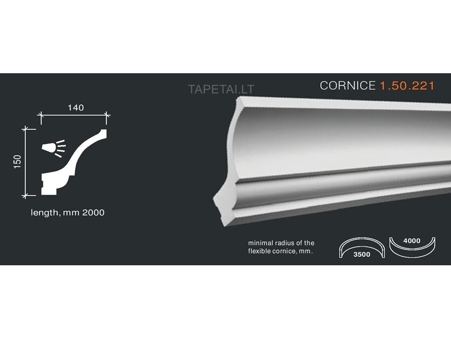 Poliuretaniniai lubų apvadai 1.50.221 , ilgis 2m Poliuretaniniai lubų apvadai 1.50.221 , ilgis 2m