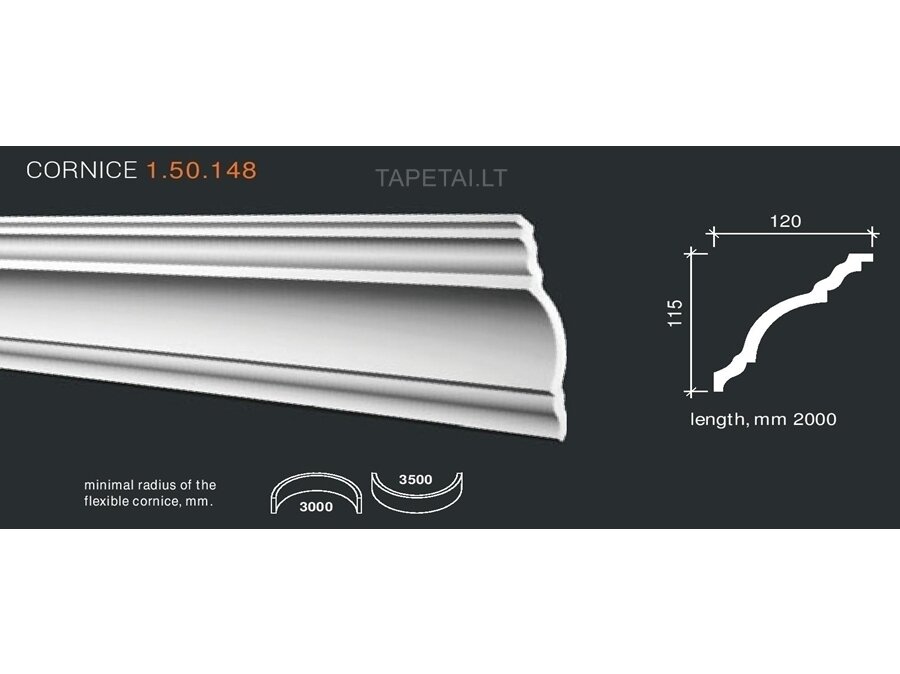 Poliuretaniniai lubų apvadai 1.50.148 , ilgis 2m Poliuretaniniai lubų apvadai 1.50.148 , ilgis 2m