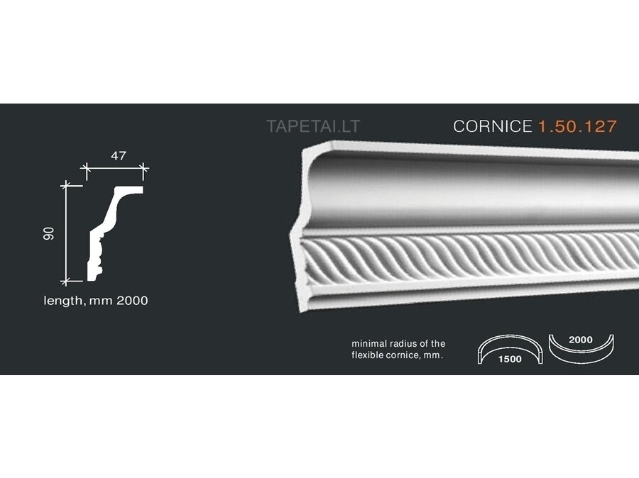 Poliuretaniniai lubų apvadai 1.50.127 , ilgis 2m Poliuretaniniai lubų apvadai 1.50.127 , ilgis 2m